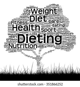 Vektorkonzept oder konzeptionelles schwarzes Gesundheitswortwort Wolke als Baum und Gras einzeln auf weißem Hintergrund, Metapher für Gesundheit, Ernährung, Ernährung, Wellness, Körper, Energie, Medizin, Sport, Herz oder Wissenschaft