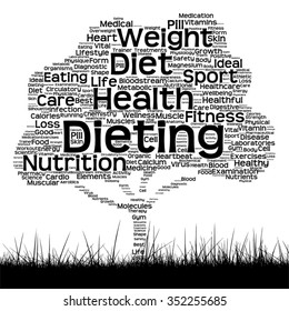 Vector concept or conceptual black health text word cloud as tree and grass isolated on white background metaphor for health, nutrition, diet, wellness, body, energy, medical, sport, heart or science