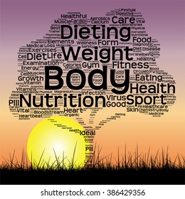 Vector concept or conceptual black health text word cloud as tree and grass on sunset sky background