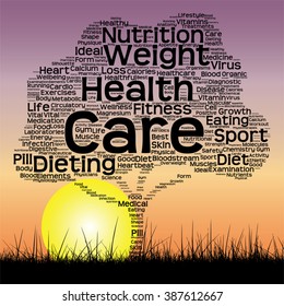 Vector concept or conceptual black health text word cloud as tree and grass on sunset sky background