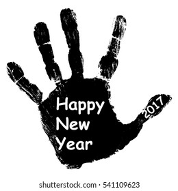 Vector concept or conceptual black ink hand print or handprint text made by children, Happy New Year 2017 kid greeting isolated on white background for celebration, holiday, party,winter, or eve event