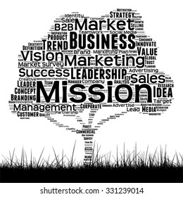 Vector concept or conceptual black media tree and grass word cloud on white background as metaphor to business, trend, media, focus, market, value, product, advertising, leadership customer corporate