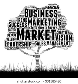 Vector concept or conceptual black media tree and grass word cloud on white background as metaphor to business, trend, media, focus, market, value, product, advertising, leadership customer corporate