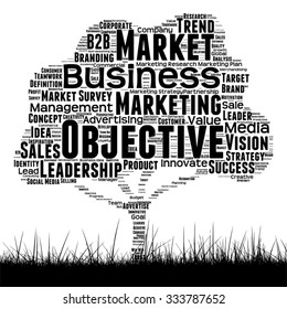 Concepto vectorial o árbol de medios negro conceptual y nube de palabras de césped sobre fondo blanco para negocios, tendencia, medios, enfoque, mercado, valor, producto, publicidad o cliente o nube de palabras corporativas