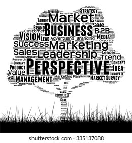 Vector concept conceptual black media tree and grass word cloud on white background as metaphor for business, trend, media, focus, market, value, product, advertising or customer corporate wordcloud