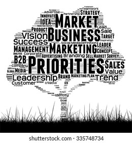 Concepto vectorial o árbol de medios negro conceptual y nube de palabras de césped sobre fondo blanco como metáfora para negocios, tendencia, medios, enfoque, mercado, valor, producto, publicidad cliente nube de palabras corporativas