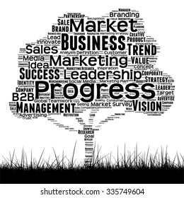 Vector concept or conceptual black media tree and grass word cloud on white background as metaphor for business, trend, media, focus, market, value, product, advertising customer corporate wordcloud