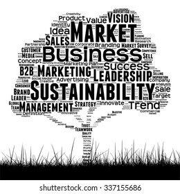 Concepto vectorial o árbol de medios negro conceptual y nube de palabras de césped sobre fondo blanco como metáfora para negocios, tendencia, medios, enfoque, mercado, valor, producto, publicidad cliente nube de palabras corporativas