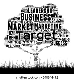 Vector concept or conceptual black media tree and grass word cloud on white background as metaphor for business, trend, media, focus, market, value, product, advertising customer corporate wordcloud