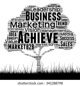 Concepto vectorial o árbol de medios negro conceptual y nube de palabras de césped sobre fondo blanco como metáfora para negocios, tendencia, medios, enfoque, mercado, valor, producto, publicidad cliente nube de palabras corporativas