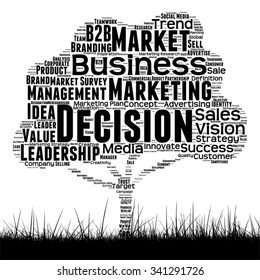 Concepto vectorial o árbol de medios negro conceptual y nube de palabras de césped sobre fondo blanco como metáfora para negocios, tendencia, medios, enfoque, mercado, valor, producto, publicidad cliente nube de palabras corporativas