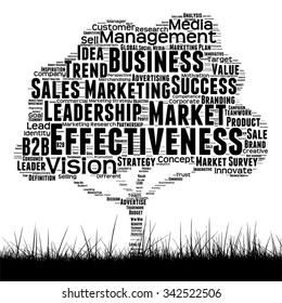 Concepto vectorial árbol de medios negro conceptual y nube de palabras de césped sobre fondo blanco como metáfora para negocios, tendencia, medios, enfoque, mercado, valor, producto, publicidad o nube de palabras corporativas del cliente