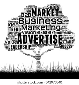 Vector concept or conceptual black media tree and grass word cloud on white background metaphor for business, trend, media, focus, market, value, product, advertising or customer corporate wordcloud