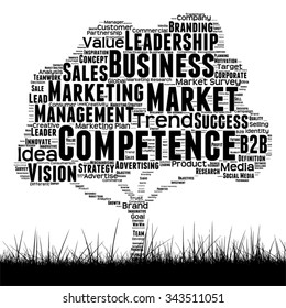 Vector concept conceptual black media tree and grass word cloud on white background as metaphor for business, trend, media, focus, market, value, product, advertising or customer corporate wordcloud