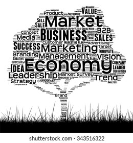 Konzeptueller Schwarzer Medienbaum- und Graswolke auf weißem Hintergrund als Metapher für Geschäfts-, Trend-, Medien-, Fokus-, Markt-, Wert-, Produkt-, Werbung oder Corporate WordCloud für Kunden