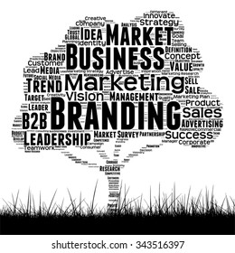 Vectorkonzept oder konzeptionelle Schwarze Medien-Baum- und Graswolke auf weißem Hintergrund als Metapher für Geschäfts-, Trend-, Medien-, Fokus-, Markt-, Wert-, Produkt- und Werbekunden, Corporate wordcloud