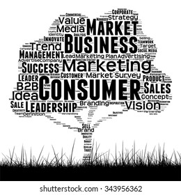 Concepto vectorial o árbol de medios negro conceptual y nube de palabras de césped sobre fondo blanco como metáfora para negocios, tendencia, medios, enfoque, mercado, valor, producto, publicidad cliente nube de palabras corporativas