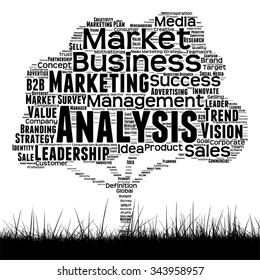 Concepto vectorial árbol de medios negro conceptual y nube de palabras de césped sobre fondo blanco como metáfora para negocios, tendencia, medios, enfoque, mercado, valor, producto, publicidad o nube de palabras corporativas del cliente