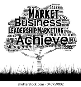 Vector concept conceptual black media tree and grass word cloud on white background as metaphor for business, trend, media, focus, market, value, product, advertising or customer corporate wordcloud