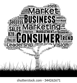 Vector concept or conceptual black media tree and grass word cloud on white background as metaphor for business, trend, media, focus, market, value, product, advertising customer corporate wordcloud
