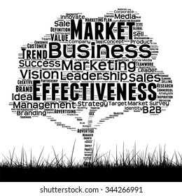 Vector concept or conceptual black media tree and grass word cloud on white background as metaphor for business, trend, media, focus, market, value, product, advertising customer corporate wordcloud