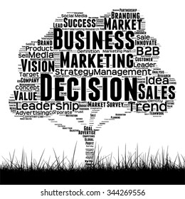 Vector concept conceptual black media tree and grass word cloud on white background as metaphor for business, trend, media, focus, market, value, product, advertising or customer corporate wordcloud