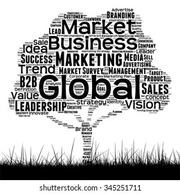 Vector concept or conceptual black media tree and grass word cloud on white background as metaphor for business, trend, media, focus, market, value, product, advertising customer corporate wordcloud