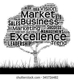 Vector concept or conceptual black media tree and grass word cloud on white background  as metaphor for business, trend, media, focus, market, value, product, advertising customer corporate wordcloud