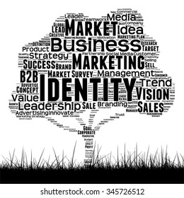 Vector concept or conceptual black media tree and grass word cloud on white background  as metaphor for business, trend, media, focus, market, value, product, advertising customer corporate wordcloud