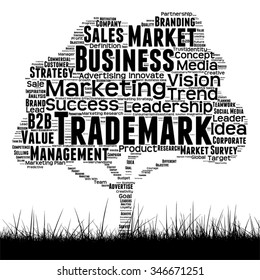 Vector concept conceptual black media tree and grass word cloud on white background  as metaphor for business, trend, media, focus, market, value, product, advertising or customer corporate wordcloud