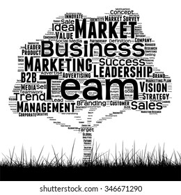 Concepto vectorial árbol de medios negro conceptual y nube de palabras de césped sobre fondo blanco como metáfora para negocios, tendencia, medios, enfoque, mercado, valor, producto, publicidad o nube de palabras corporativas del cliente