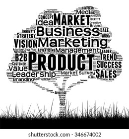 Vectorkonzept oder konzeptionelle Schwarze Medien-Baum- und Graswolke auf weißem Hintergrund als Metapher für Geschäfts-, Trend-, Medien-, Fokus-, Markt-, Wert-, Produkt- und Werbekunden, Corporate wordcloud