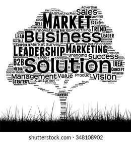 Vector concept conceptual black media tree and grass word cloud on white background as metaphor for business, trend, media, focus, market, value, product, advertising or customer corporate wordcloud