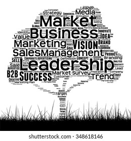 Vector concept conceptual black media tree and grass word cloud on white background as metaphor for business, trend, media, focus, market, value, product, advertising or customer corporate wordcloud