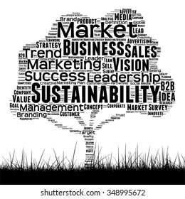 Vector concept conceptual black media tree and grass word cloud on white background as metaphor for business, trend, media, focus, market, value, product, advertising or customer corporate wordcloud