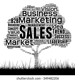 Vector concept conceptual black media tree and grass word cloud on white background as metaphor for business, trend, media, focus, market, value, product, advertising or customer corporate wordcloud