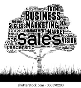 Vector concept conceptual black media tree and grass word cloud on white background  as metaphor for business, trend, media, focus, market, value, product, advertising or customer corporate wordcloud