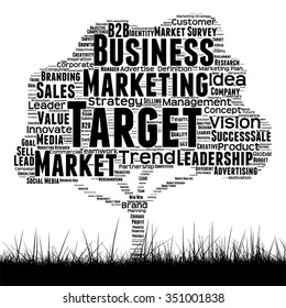 Vector concept conceptual black media tree and grass word cloud on white background as metaphor for business, trend, media, focus, market, value, product, advertising or customer corporate wordcloud