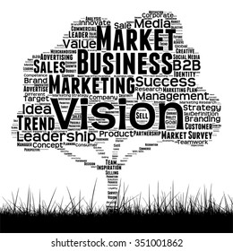 Vector concept conceptual black media tree and grass word cloud on white background as metaphor for business, trend, media, focus, market, value, product, advertising or customer corporate wordcloud