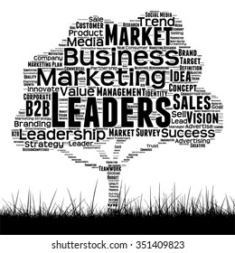 Vector concept conceptual black media tree and grass word cloud on white background as metaphor for business, trend, media, focus, market, value, product, advertising or customer corporate wordcloud
