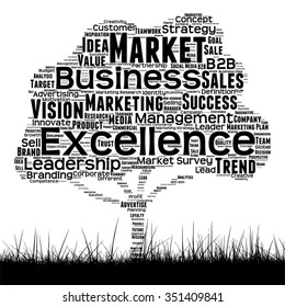 Vector concept conceptual black media tree and grass word cloud on white background as metaphor for business, trend, media, focus, market, value, product, advertising or customer corporate wordcloud