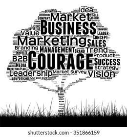 Vector concept conceptual black media tree and grass word cloud on white background as metaphor for business, trend, media, focus, market, value, product, advertising or customer corporate wordcloud