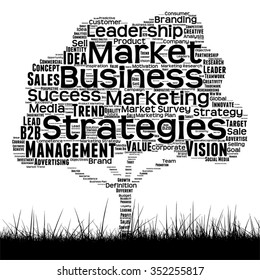 Concepto vectorial árbol de medios negro conceptual y nube de palabras de césped sobre fondo blanco como metáfora para negocios, tendencia, medios, enfoque, mercado, valor, producto, publicidad o nube de palabras corporativas del cliente