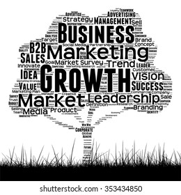 Concepto vectorial árbol de medios negro conceptual y nube de palabras de césped sobre fondo blanco como metáfora para negocios, tendencia, medios, enfoque, mercado, valor, producto, publicidad o nube de palabras corporativas del cliente