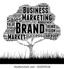 Vector concept conceptual black media tree and grass word cloud on white background as metaphor for business, trend, media, focus, market, value, product, advertising or customer corporate wordcloud