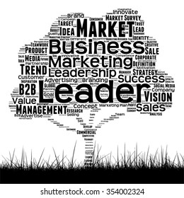 Concepto vectorial árbol de medios negro conceptual y nube de palabras de césped sobre fondo blanco como metáfora para negocios, tendencia, medios, enfoque, mercado, valor, producto, publicidad o nube de palabras corporativas del cliente