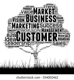 Vector concept conceptual black media tree and grass word cloud on white background as metaphor for business, trend, media, focus, market, value, product, advertising or customer corporate wordcloud