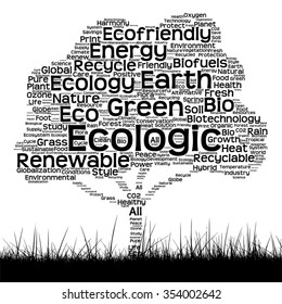 Vector concept or conceptual black media tree and grass word cloud on white background for nature, ecology, green, energy, natural, life, world, global, protect, environmental or recycling