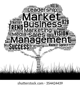 Concepto vectorial árbol de medios negro conceptual y nube de palabras de césped sobre fondo blanco como metáfora para negocios, tendencia, medios, enfoque, mercado, valor, producto, publicidad o nube de palabras corporativas del cliente
