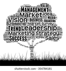 Vector concept conceptual black media tree and grass word cloud on white background as metaphor for business, trend, media, focus, market, value, product, advertising or customer corporate wordcloud